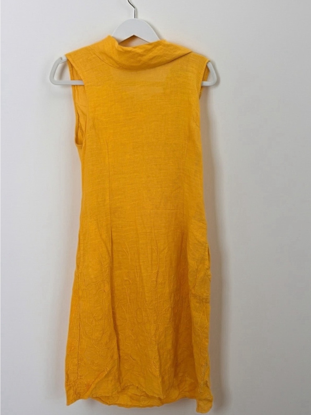 Lina Tomei Italian Linen Embroidered Shift Dress Mustard Yellow M